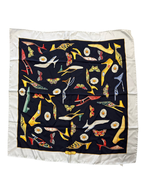 Salvatore Ferragamo Red, Yellow, White, Navy Silk Flowers Heel butterflies scarf Red, Yellow, White, Navy
