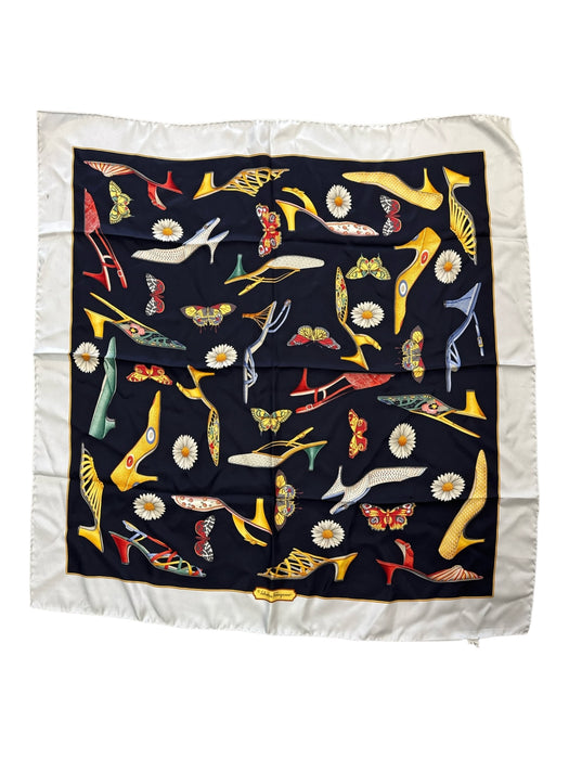 Salvatore Ferragamo Red, Yellow, White, Navy Silk Flowers Heel butterflies scarf Red, Yellow, White, Navy