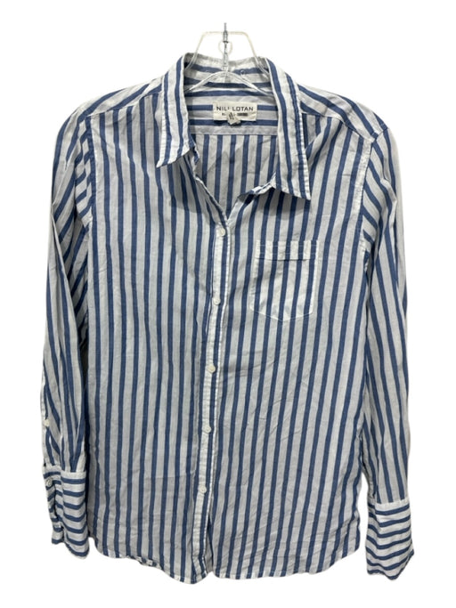 Nili Lotan Size S Blue & White Cotton Blend Long Sleeve Stripe Collar Button Top Blue & White / S