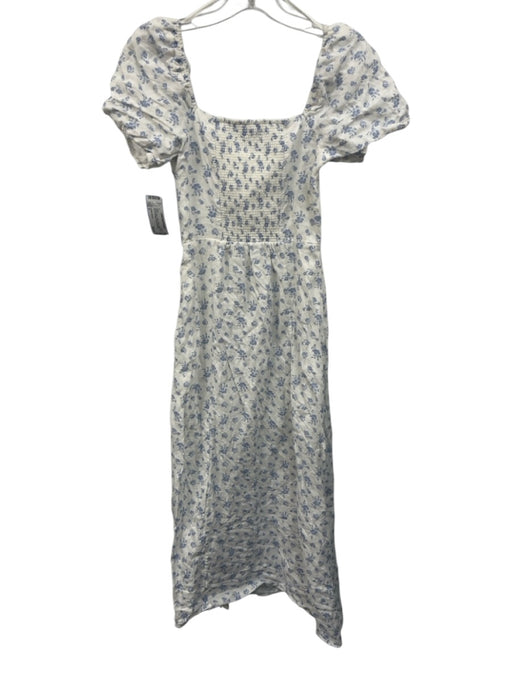 & Other Stories Size 2 White & Blue Linen Floral Square Neck Midi Dress White & Blue / 2