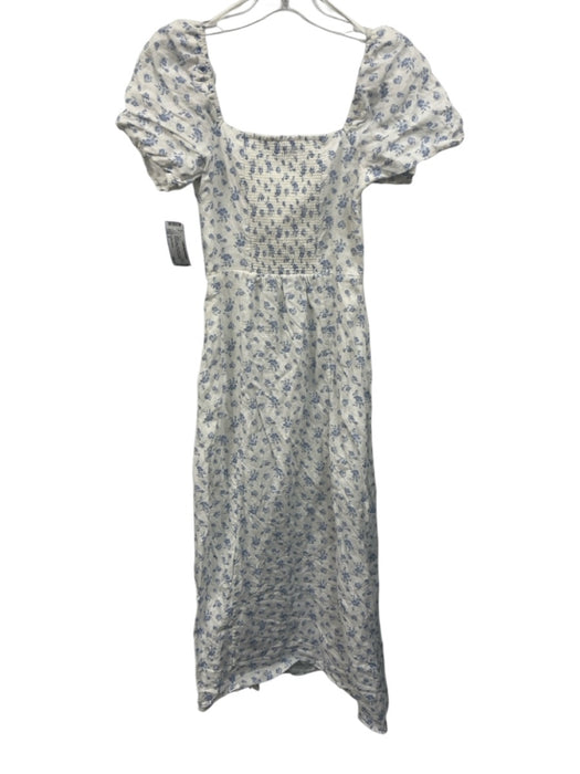 & Other Stories Size 2 White & Blue Linen Floral Square Neck Midi Dress White & Blue / 2