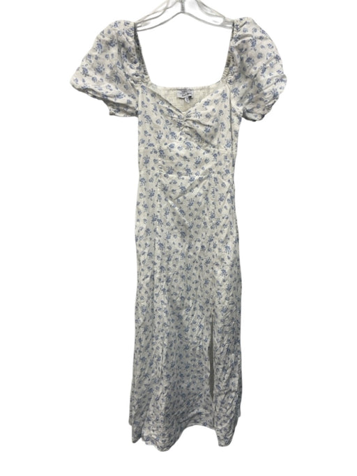 & Other Stories Size 2 White & Blue Linen Floral Square Neck Midi Dress White & Blue / 2