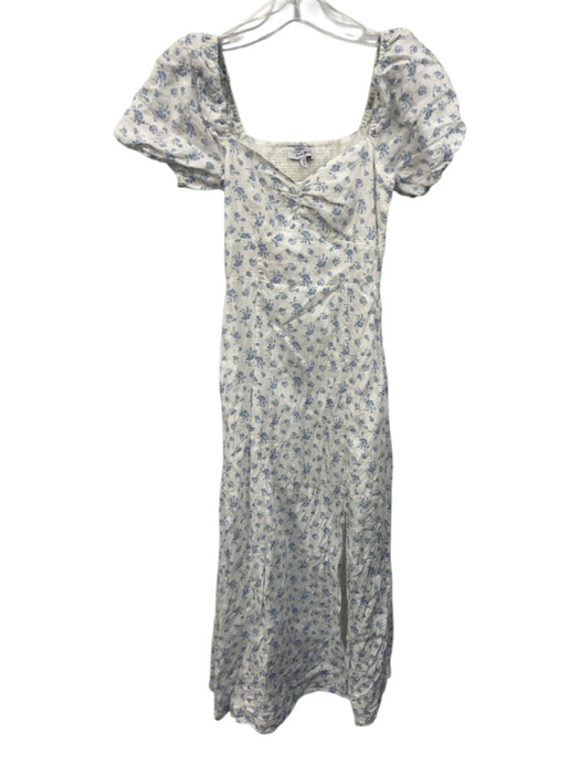 & Other Stories Size 2 White & Blue Linen Floral Square Neck Midi Dress White & Blue / 2