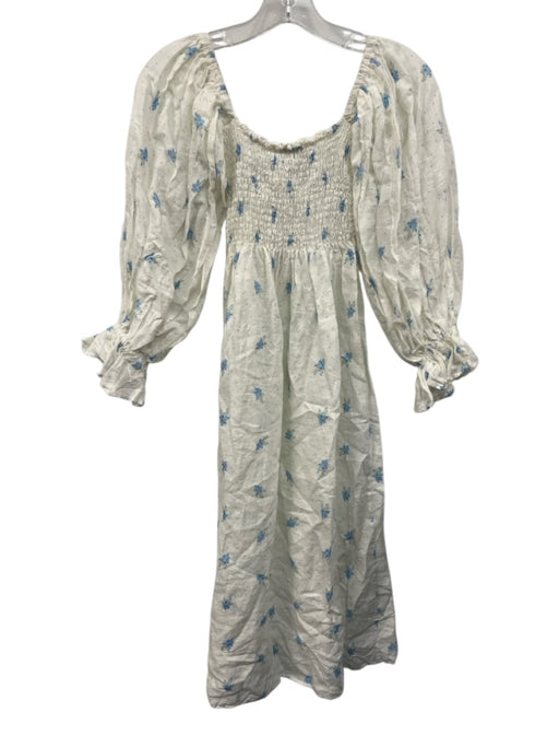 Sleeper Size S White & Blue Linen Floral Long Sleeve Square Neck Dress White & Blue / S