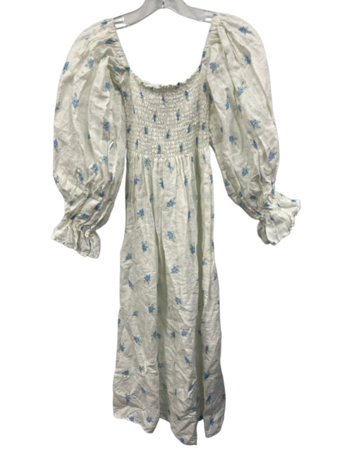 Sleeper Size S White & Blue Linen Floral Long Sleeve Square Neck Dress White & Blue / S