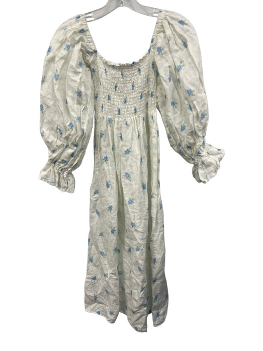 Sleeper Size S White & Blue Linen Floral Long Sleeve Square Neck Dress White & Blue / S