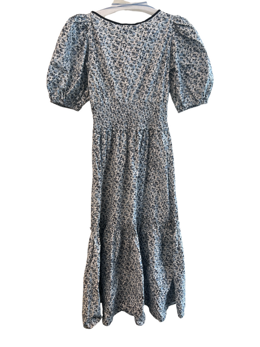 Ganni Size 36 Blue, Black & White Cotton Abstract Floral Half Puff Sleeve Dress Blue, Black & White / 36