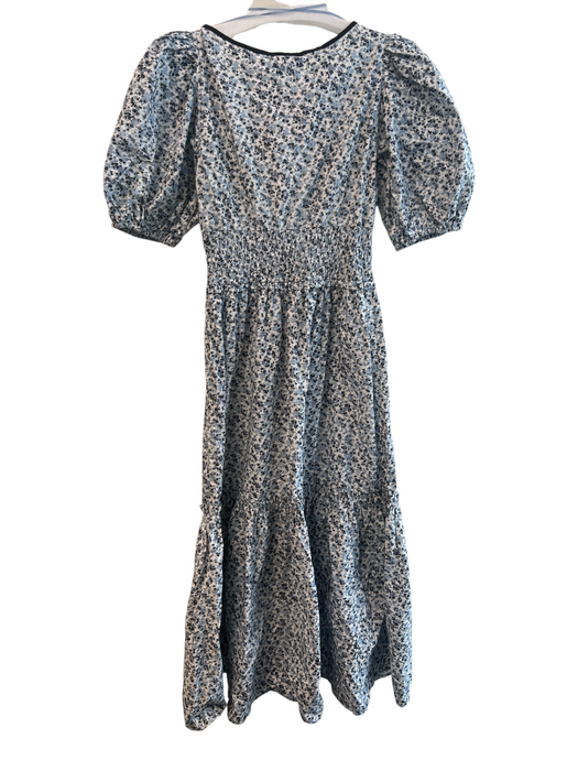 Ganni Size 36 Blue, Black & White Cotton Abstract Floral Half Puff Sleeve Dress Blue, Black & White / 36