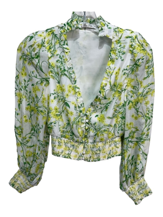 Alice + Olivia Size S White Green Yellow Cotton Blend Floral Deep V Smocked Top White Green Yellow / S