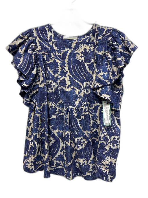 Ulla Johnson Size 2 Blue & Beige Cotton Blend Abstract Floral Top Blue & Beige / 2
