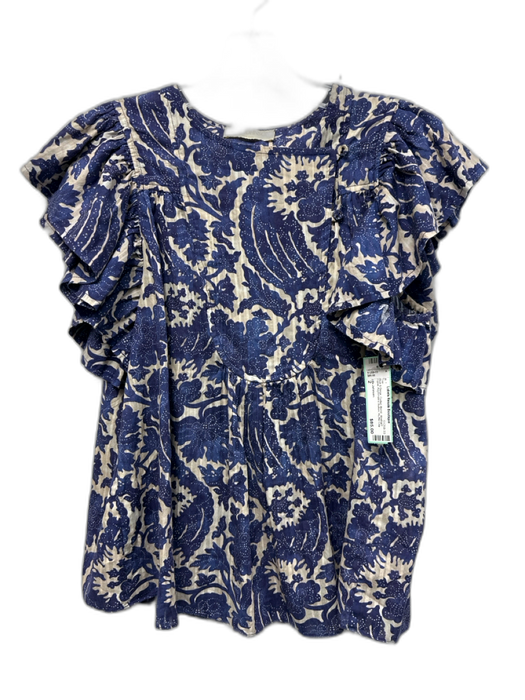 Ulla Johnson Size 2 Blue & Beige Cotton Blend Abstract Floral Top Blue & Beige / 2