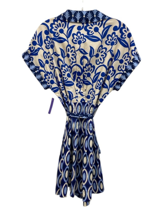 Tyler Boe Size Est M Cream & Blue Cotton Geometric Print Button Front Dress Cream & Blue / Est M
