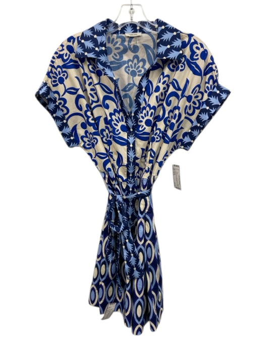 Tyler Boe Size Est M Cream & Blue Cotton Geometric Print Button Front Dress Cream & Blue / Est M