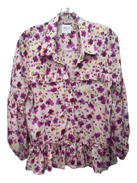 Misa Size M Pink, Purple & Multi Long Sleeve Collar Floral Print Ruffle Top Pink, Purple & Multi / M