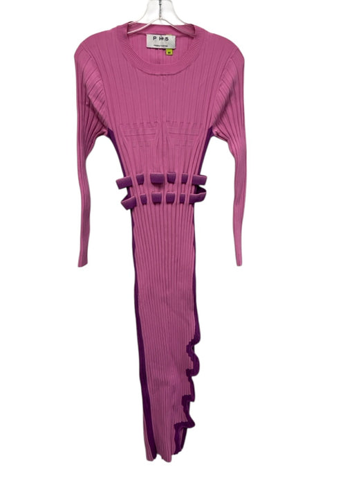 PH5 Size Medium Pink & Purple Viscose Blend Long Sleeve Ribbed Side Slit Dress Pink & Purple / Medium