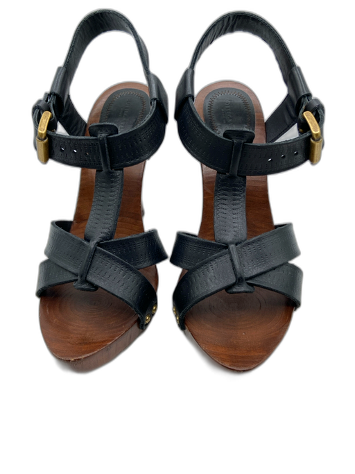 Bottega Veneta Shoe Size 37 Black & Brown Leather Wood Base T Strap Sandals Black & Brown / 37