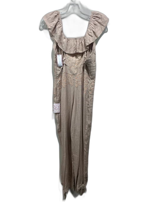 Free People Size 6 Beige & Orange Rayon Sleeveless Embroidered Ruffles Jumpsuit Beige & Orange / 6