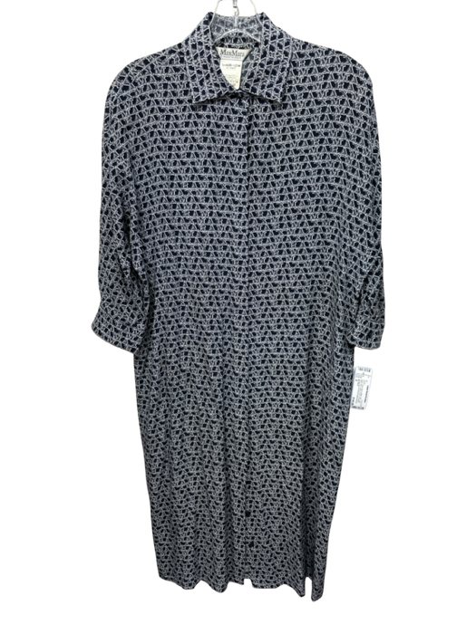 Max Mara Size 4 Navy Blue & White Silk Logo Motif Shirt Button Down Dress Navy Blue & White / 4