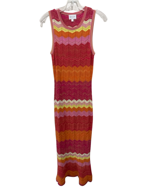 Milly Size P Red, Orange, Pink Viscose Blend Knit Chevron Sleeveless Midi Dress Red, Orange, Pink / P