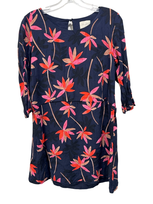 Sezane Size 42 Navy Blue, Pink, Multi Viscose Leaves Keyhole Back Dress Navy Blue, Pink, Multi / 42