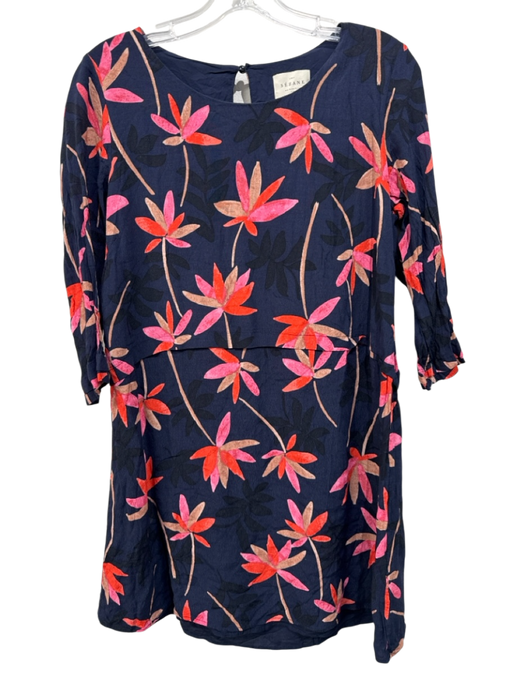 Sezane Size 42 Navy Blue, Pink, Multi Viscose Leaves Keyhole Back Dress Navy Blue, Pink, Multi / 42