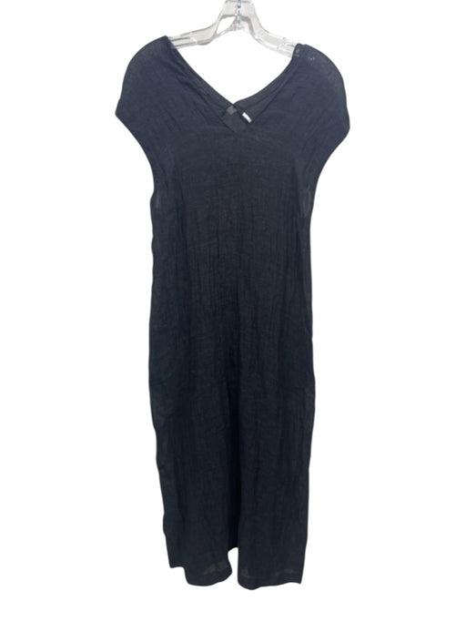 Pomandere Size 2 Gray Blue Linen Cap Sleeve V Neck Midi Dress Gray Blue / 2