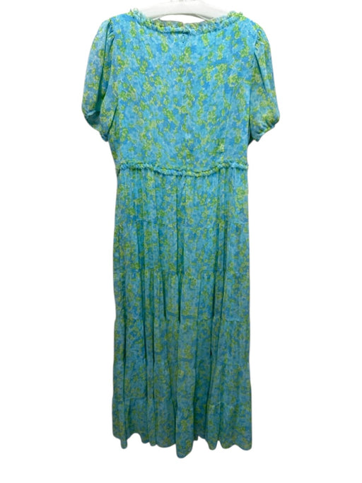 Likely Size 10 Blue & Green Short Puff Sleeve Floral Print Empire Waist Dress Blue & Green / 10