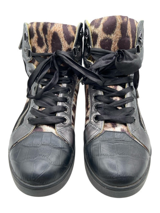 Justcavalli Shoe Size 38 Black & Brown Embossed Leather Satin High Top Sneakers Black & Brown / 38