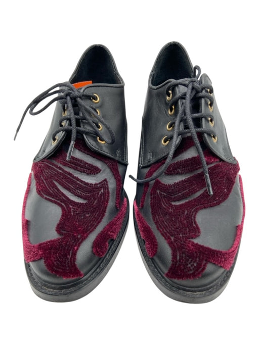 Miista Shoe Size 36 Black & Burgundy Leather & Velvet Lace Up Almond Toe Loafers Black & Burgundy / 36