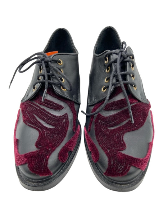 Miista Shoe Size 36 Black & Burgundy Leather & Velvet Lace Up Almond Toe Loafers Black & Burgundy / 36
