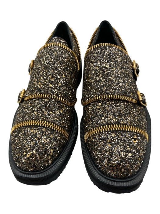 Giuseppe Zanotti Shoe Size 40 Black & Gold Glitter Zipper Detail Buckles Loafers Black & Gold / 40