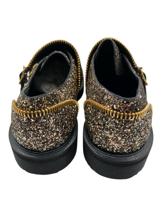 Giuseppe Zanotti Shoe Size 40 Black & Gold Glitter Zipper Detail Buckles Loafers Black & Gold / 40