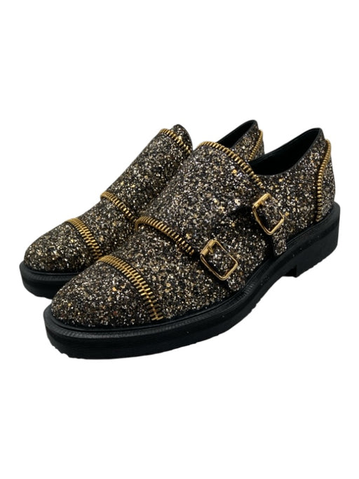 Giuseppe Zanotti Shoe Size 40 Black & Gold Glitter Zipper Detail Buckles Loafers Black & Gold / 40