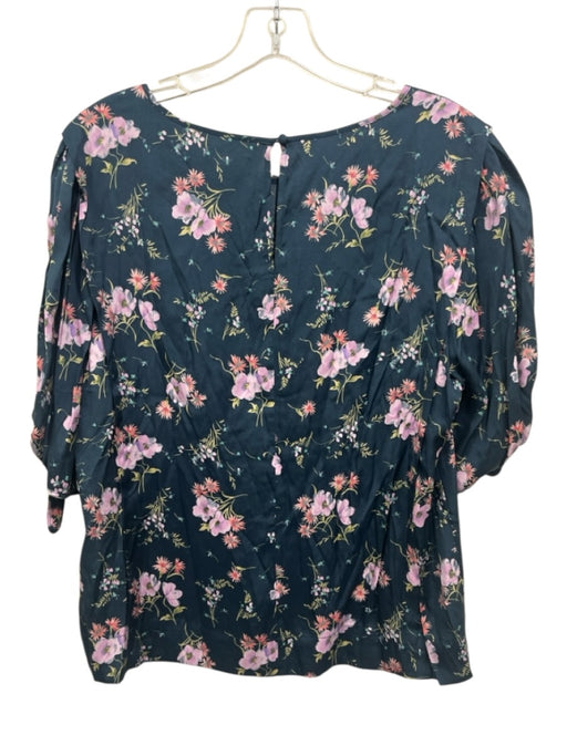 Rebecca Taylor Size 12 Teal Blue & Pink Silk & Viscose Puff 1/2 Sleeve Top Teal Blue & Pink / 12
