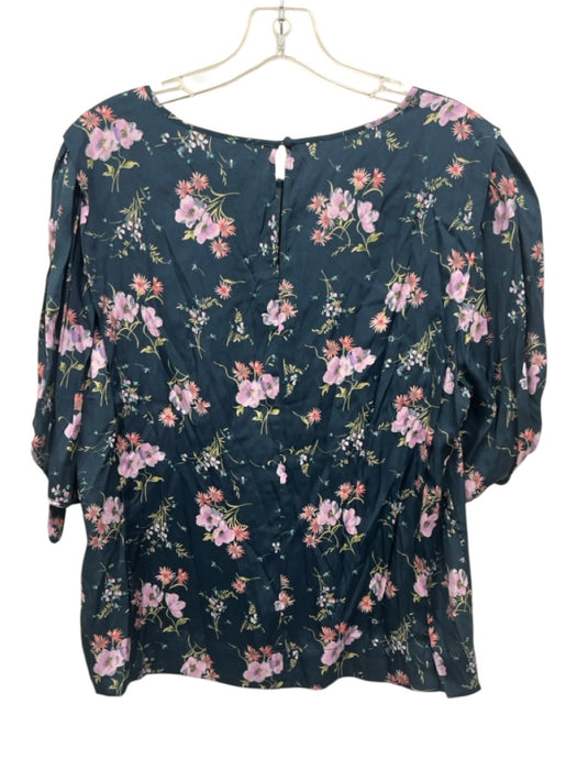 Rebecca Taylor Size 12 Teal Blue & Pink Silk & Viscose Puff 1/2 Sleeve Top Teal Blue & Pink / 12