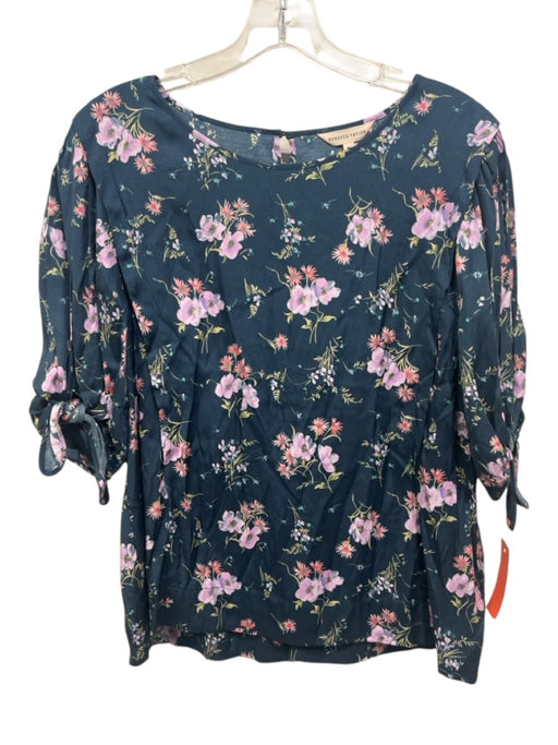 Rebecca Taylor Size 12 Teal Blue & Pink Silk & Viscose Puff 1/2 Sleeve Top Teal Blue & Pink / 12
