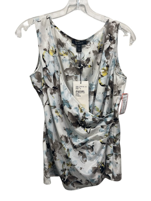 St. John Size 8 White, Gray, Yellow Silk Sleeveless Tank Floral Print Wrap Top White, Gray, Yellow / 8