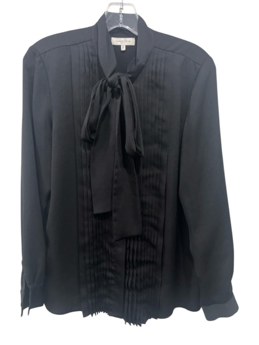 Lafayette 148 Size M Black Polyester Long Sleeve Pintuck Neck Tie Blouse Top Black / M