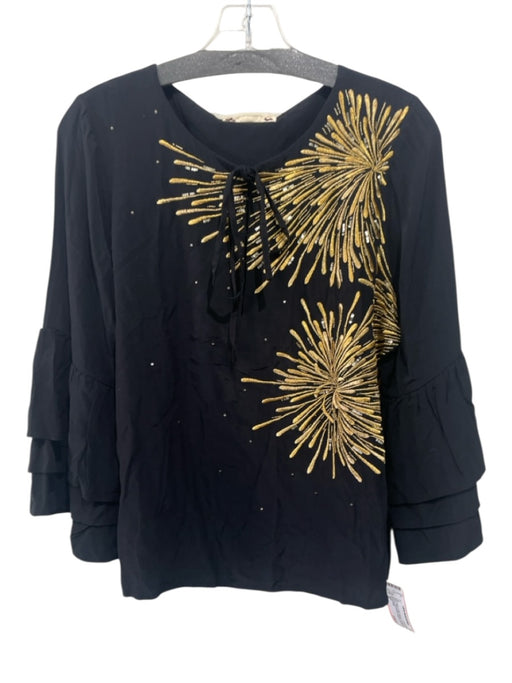 Figue Size M Black & Gold Viscose 3/4 Trumpet Sleeve Embroidered Sequins Top Black & Gold / M