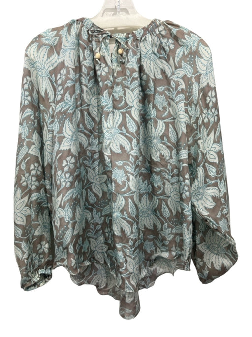 Hannah Size 1/S Light brown & blue Silk Long Sleeve Botanical Print Top Light brown & blue / 1/S