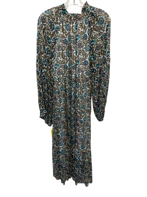 Oliphant Size Medium Brown, Blue, Gold Long Sleeve Floral Metallic Thread Dress Brown, Blue, Gold / Medium