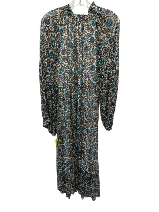 Oliphant Size Medium Brown, Blue, Gold Long Sleeve Floral Metallic Thread Dress Brown, Blue, Gold / Medium