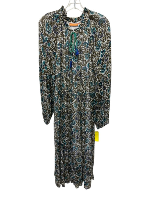 Oliphant Size Medium Brown, Blue, Gold Long Sleeve Floral Metallic Thread Dress Brown, Blue, Gold / Medium