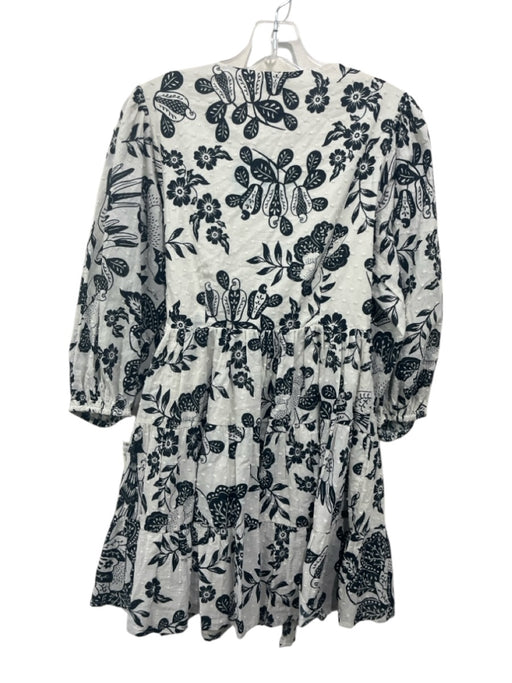 Farm Rio Size XS Black & White Cotton Long puff sleeve Floral Swiss Dot Dress Black & White / XS