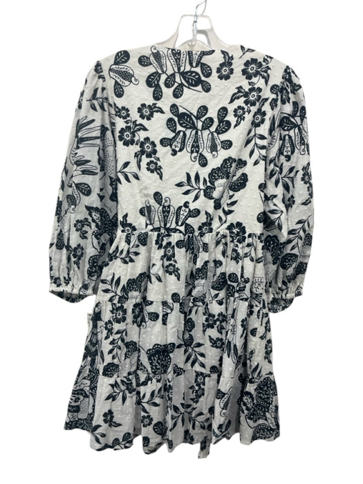 Farm Rio Size XS Black & White Cotton Long puff sleeve Floral Swiss Dot Dress Black & White / XS