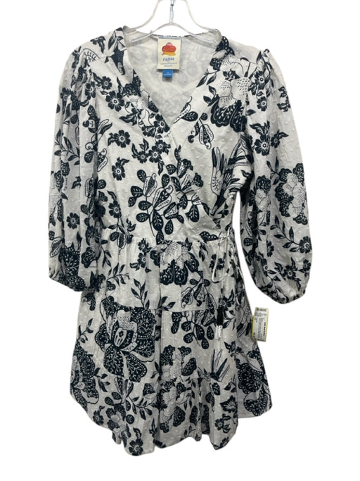 Farm Rio Size XS Black & White Cotton Long puff sleeve Floral Swiss Dot Dress Black & White / XS