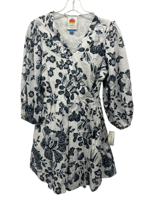 Farm Rio Size XS Black & White Cotton Long puff sleeve Floral Swiss Dot Dress Black & White / XS