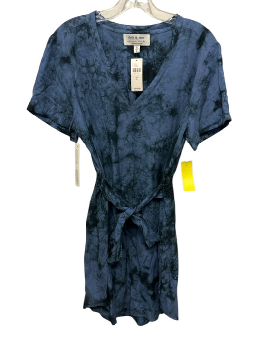 Cloth & Stone Size Large Blue & Black Tencel Short Sleeve Tie Dye V Neck Dress Blue & Black / Large