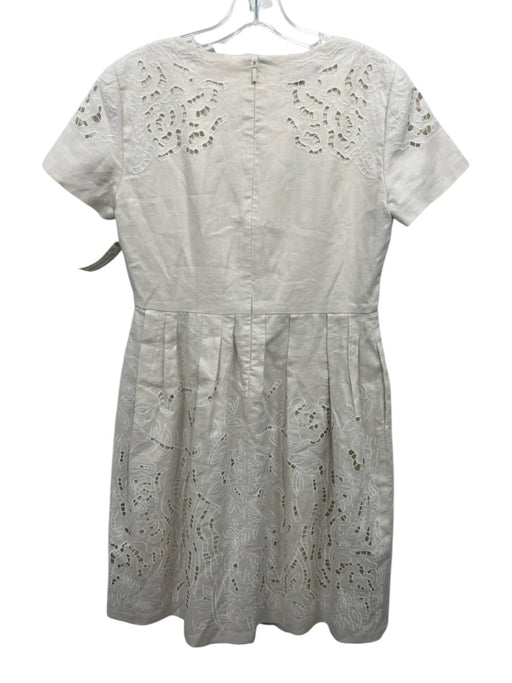 Lafayette 148 Size 6 Cream Beige Linen Short Sleeve Floral Eyelet Pleated Dress Cream Beige / 6