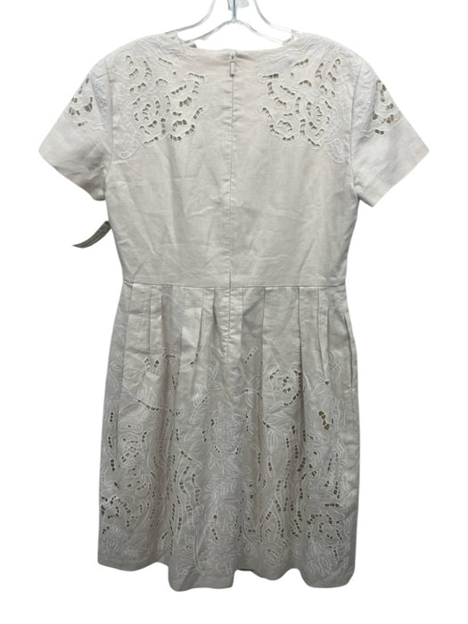 Lafayette 148 Size 6 Cream Beige Linen Short Sleeve Floral Eyelet Pleated Dress Cream Beige / 6